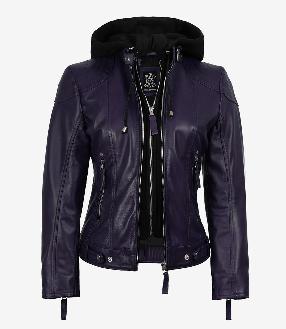 Women’s Purple Waxed Real Leather Jacket with Removable Hood