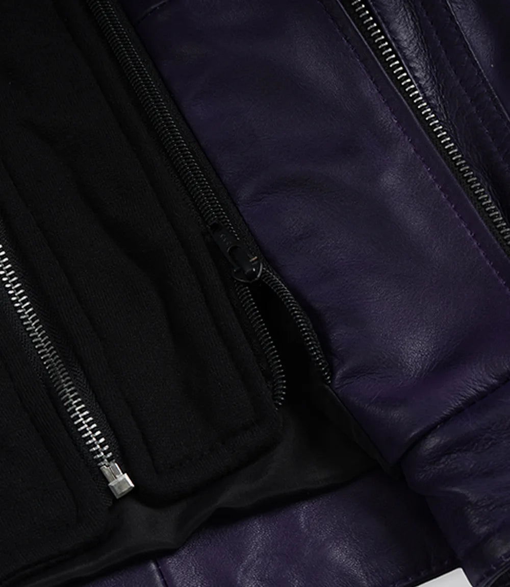 Women’s Purple Waxed Real Leather Jacket with Removable Hood