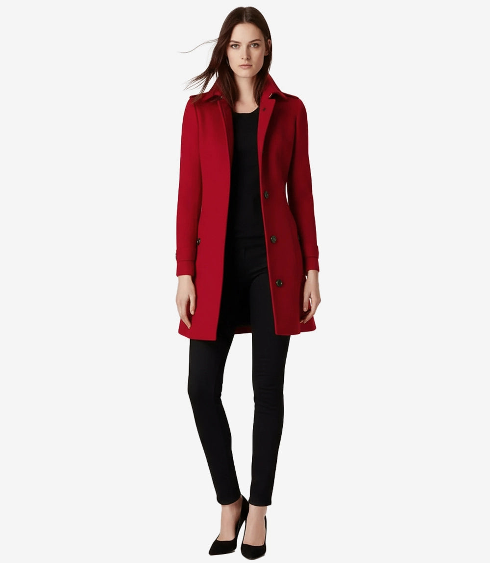 Manteau en laine rouge à boutonnage simple pour femme - Longueur 3/4