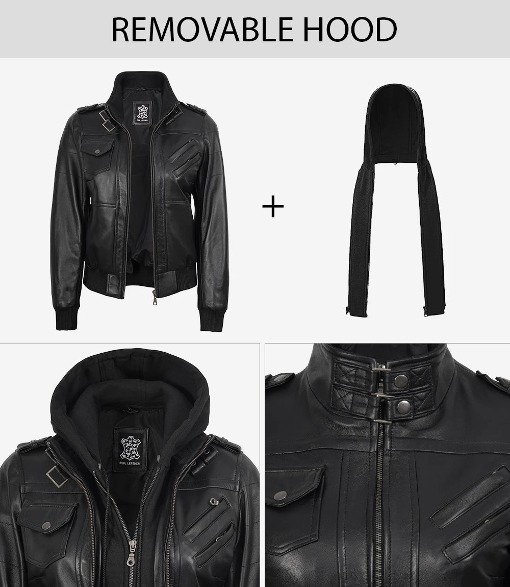 Blouson aviateur en cuir noir pour femme avec capuche amovible