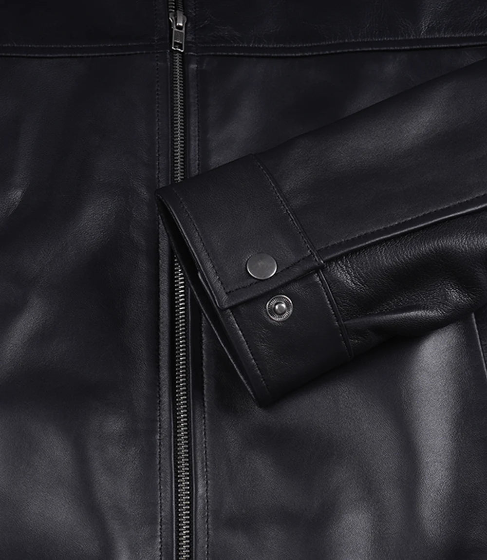 Black Classic Shirt Collar Leather Bomber Jacket for Men