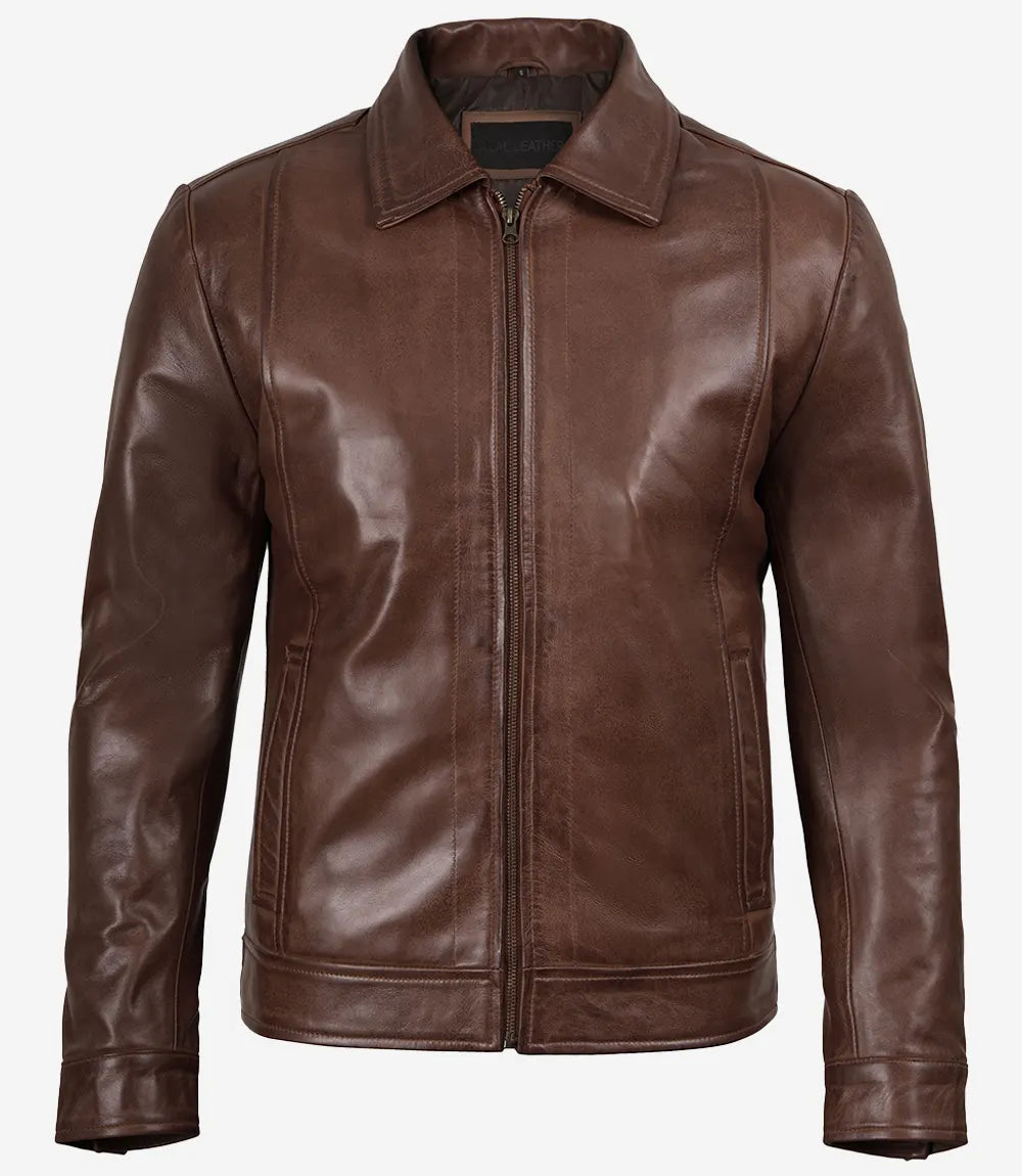 Veste en cuir véritable Reeves Harrington Cognac pour homme