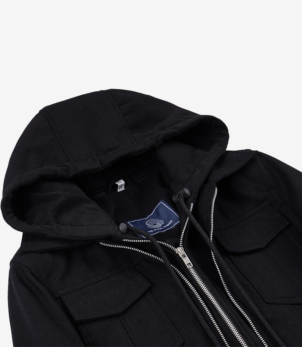 Women's Black Wool Jacket – Removable Hood with Zip Front