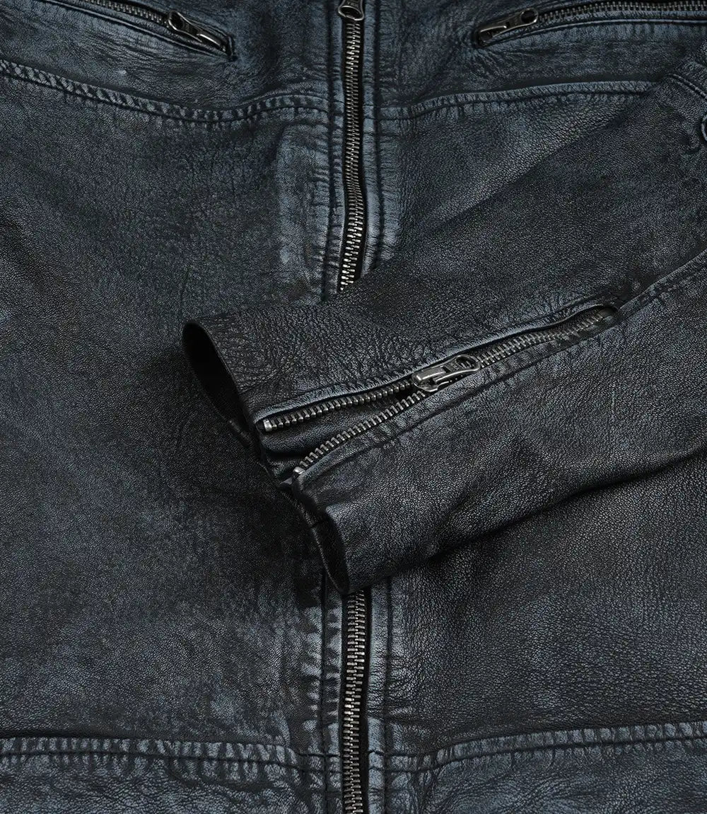 Veste de motard noire en cuir d'agneau véritable pour homme