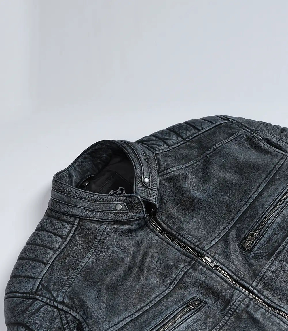 Veste de motard noire en cuir d'agneau véritable pour homme