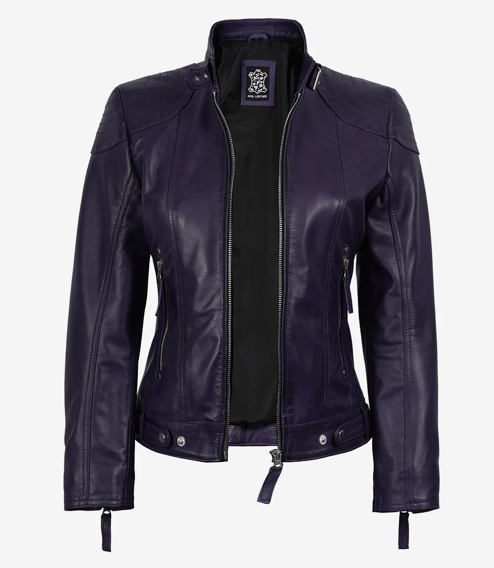 Women’s Purple Waxed Real Leather Jacket with Removable Hood