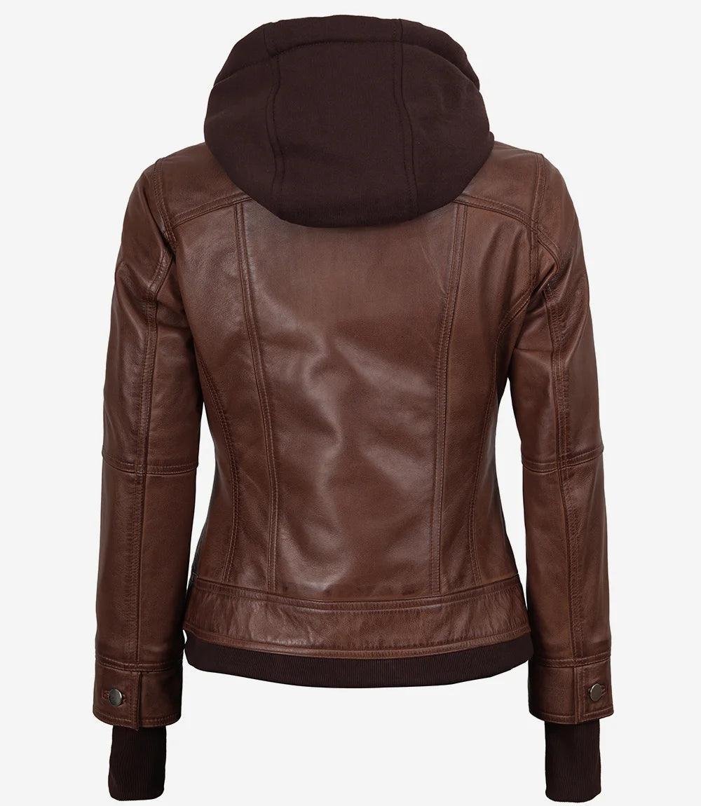 Blouson aviateur en cuir ciré cognac Tralee pour femme avec capuche amovible