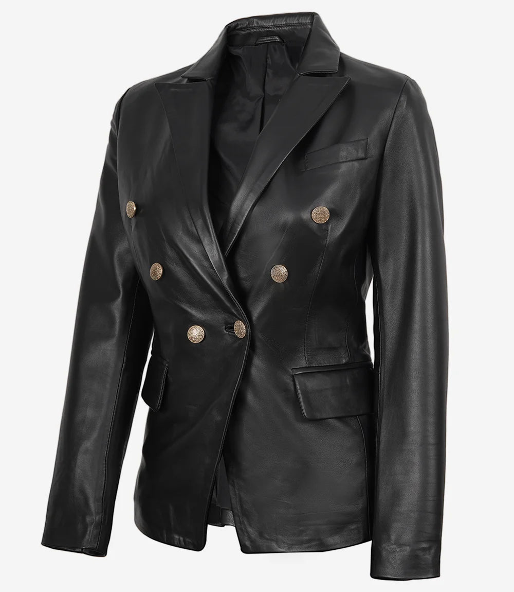 Blazer croisé en cuir noir pour femme Kim