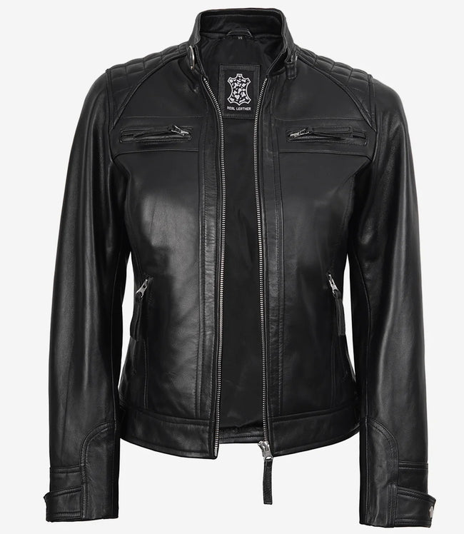 Veste motard en cuir noir pour femme - Épaules matelassées