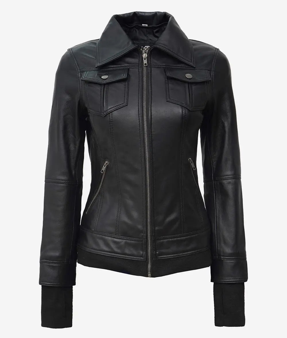 La Celeste : blouson aviateur en cuir noir pour femme avec capuche amovible
