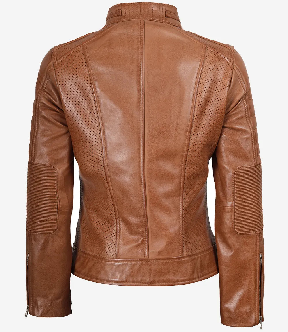 Veste en cuir style motard beige pour femme