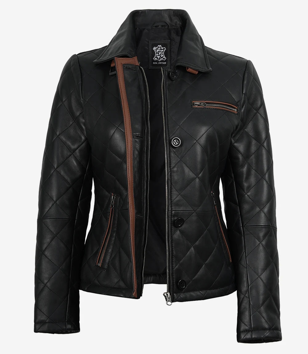 Glen Women's Black Diamond Quilted Leather Jacket with Brown Trim