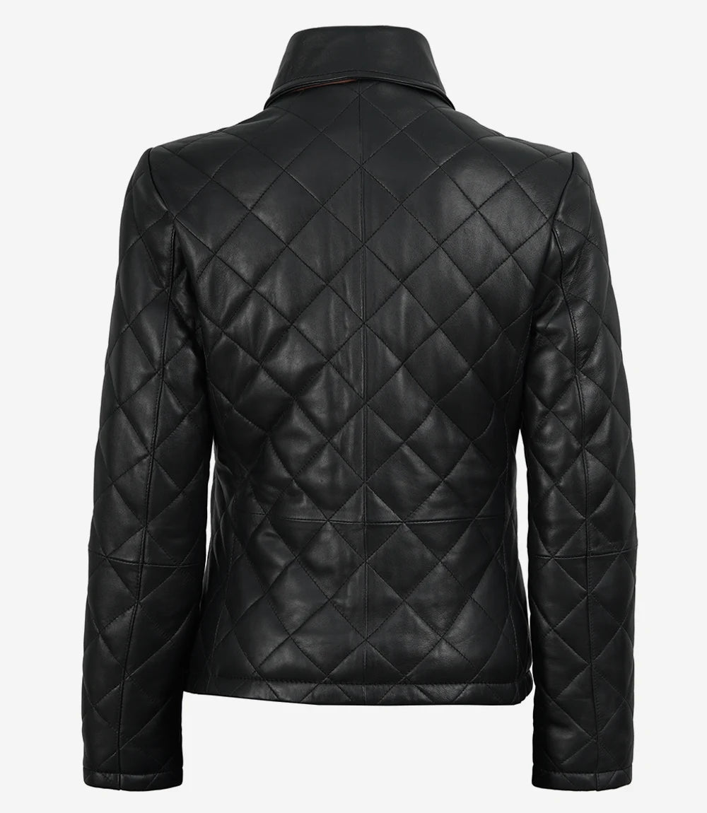 Glen Women's Black Diamond Quilted Leather Jacket with Brown Trim