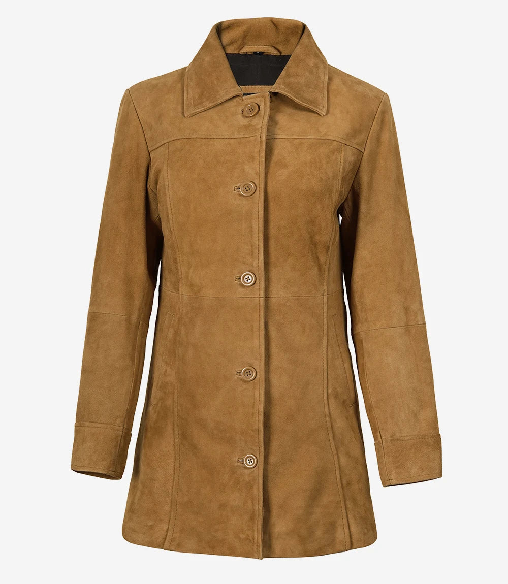 Manteau boutonné en daim marron pour femme, longueur 3/4