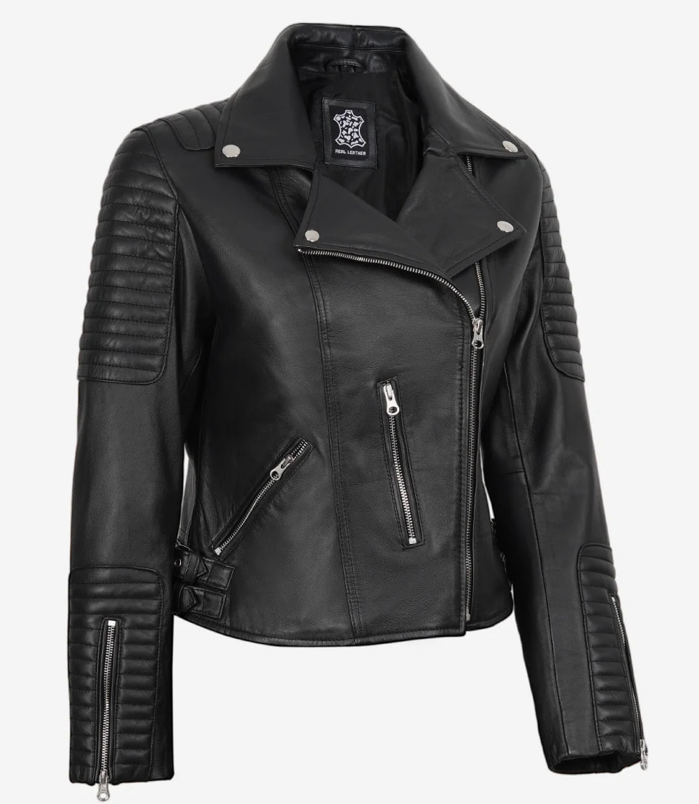 Veste en cuir noir de style motard pour femme