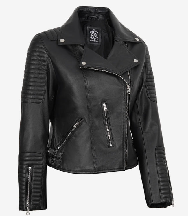 Veste en cuir noir de style motard pour femme