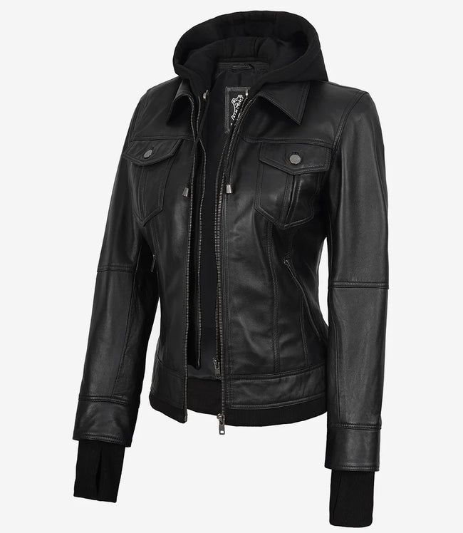 La Celeste : blouson aviateur en cuir noir pour femme avec capuche amovible