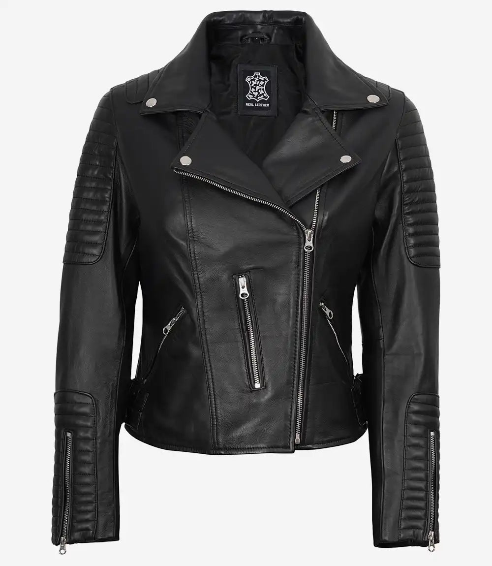 Veste en cuir noir de style motard pour femme