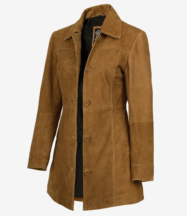 Manteau boutonné en daim marron pour femme, longueur 3/4