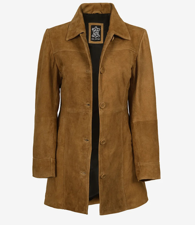 Manteau boutonné en daim marron pour femme, longueur 3/4