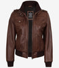 Blouson aviateur en cuir cognac pour femme avec capuche amovible
