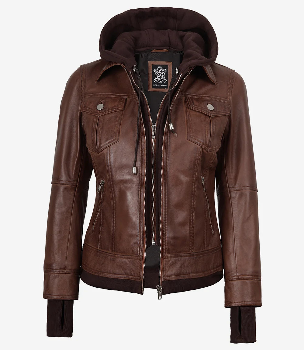 Blouson aviateur en cuir ciré cognac Tralee pour femme avec capuche amovible
