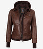 Blouson aviateur en cuir ciré cognac Tralee pour femme avec capuche amovible