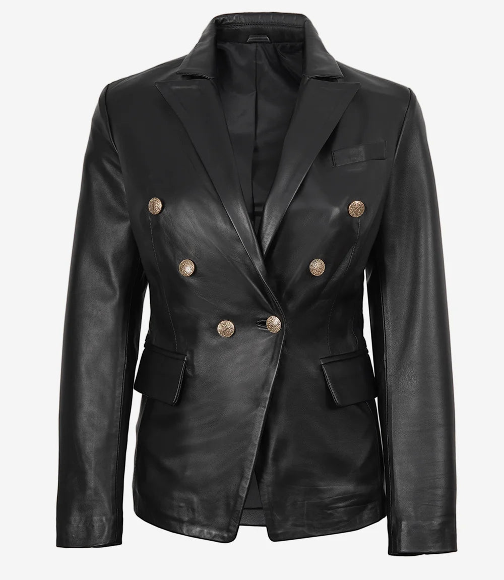 Blazer croisé en cuir noir pour femme Kim