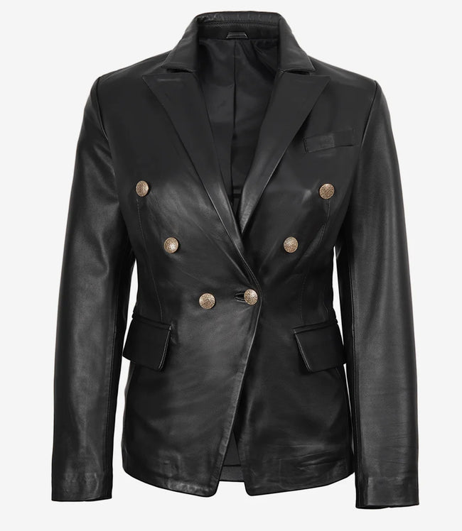 Blazer croisé en cuir noir pour femme Kim