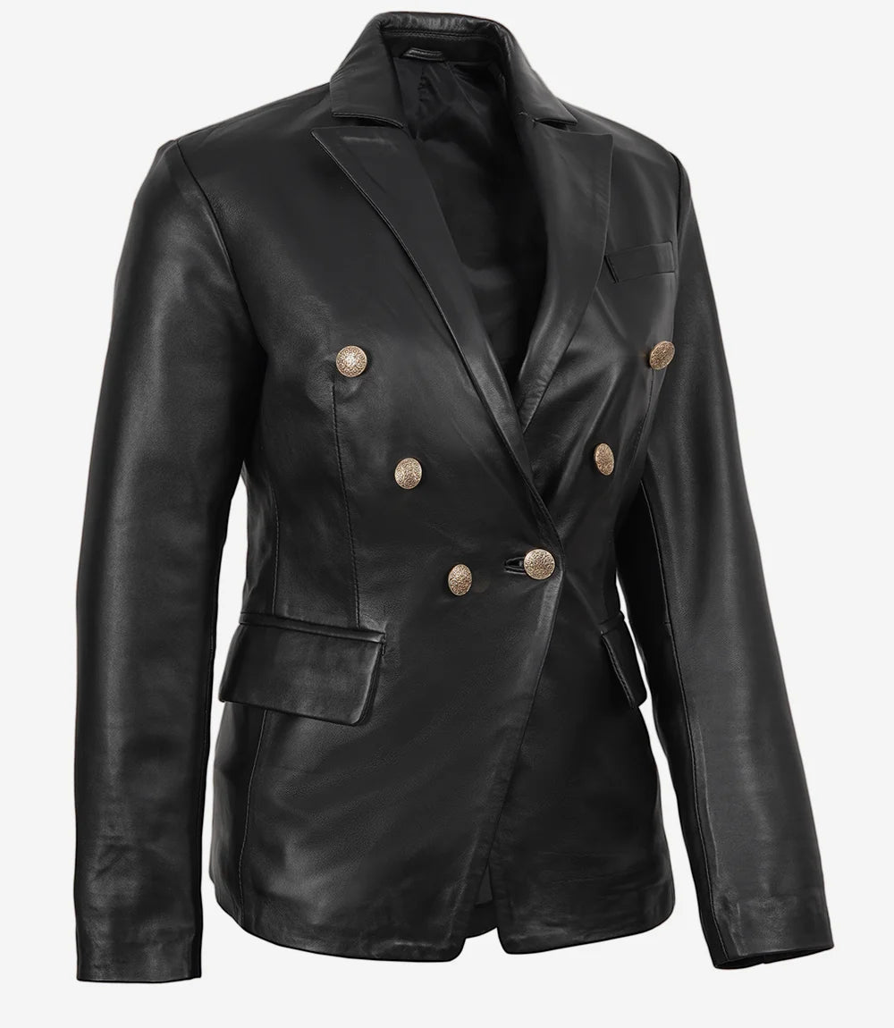 Blazer croisé en cuir noir pour femme Kim