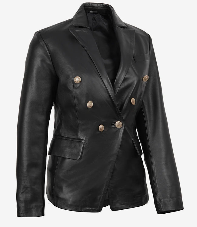Blazer croisé en cuir noir pour femme Kim