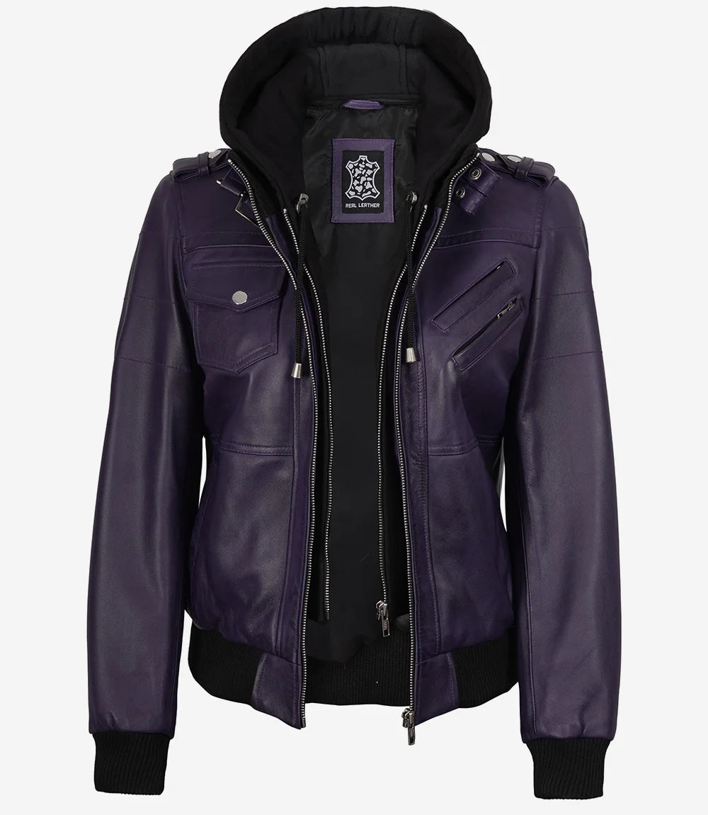 Blouson aviateur en cuir violet pour femme avec capuche amovible