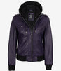 Blouson aviateur en cuir violet pour femme avec capuche amovible