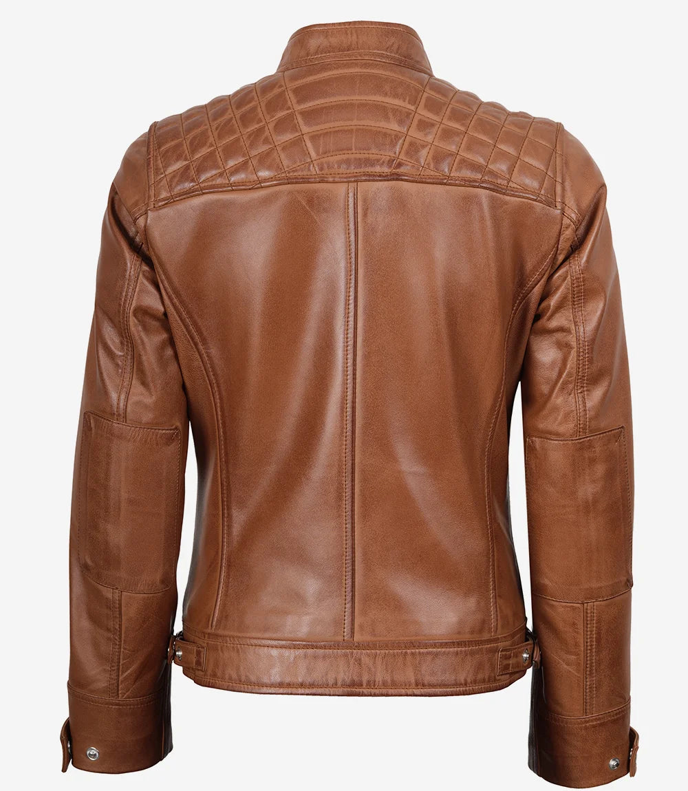 Veste style motard matelassée en cuir d'agneau véritable pour femme, couleur beige
