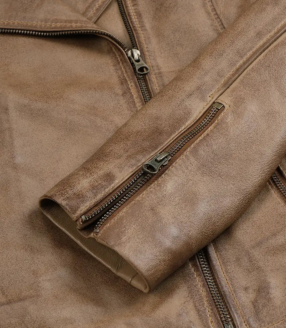 Veste motard en cuir véritable marron camel pour femme