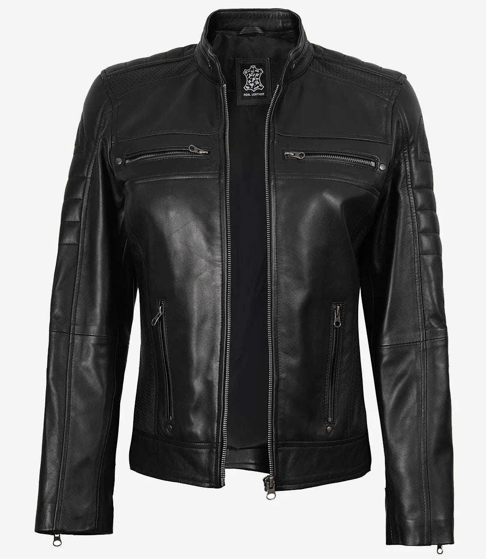 Veste en cuir noir style motard pour femme