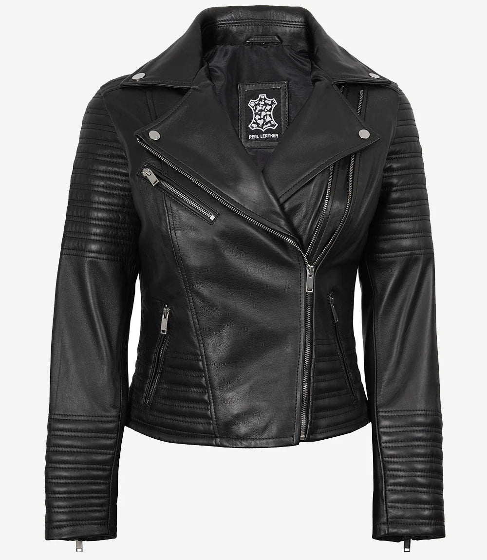 Veste motard asymétrique noire en cuir premium pour femme – (plus que quelques exemplaires)