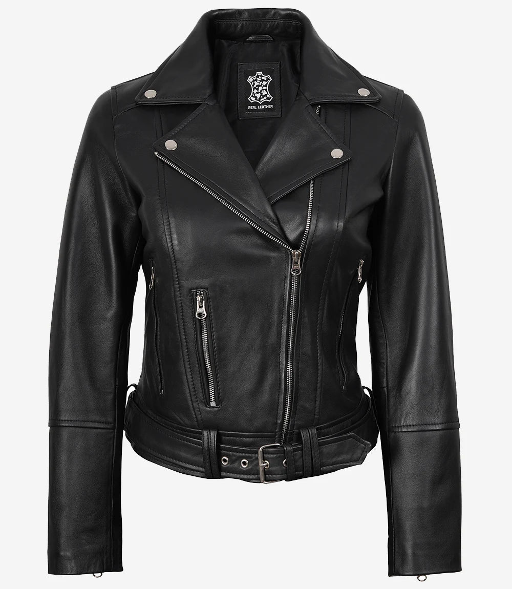 Veste de motard asymétrique en cuir noir avec ceinture pour femme