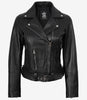 Veste de motard asymétrique en cuir noir avec ceinture pour femme