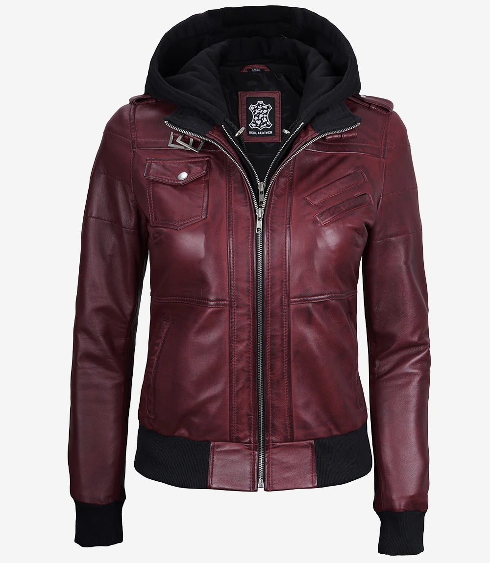 Womens Maroon Hooded Bomber Leather Jacket