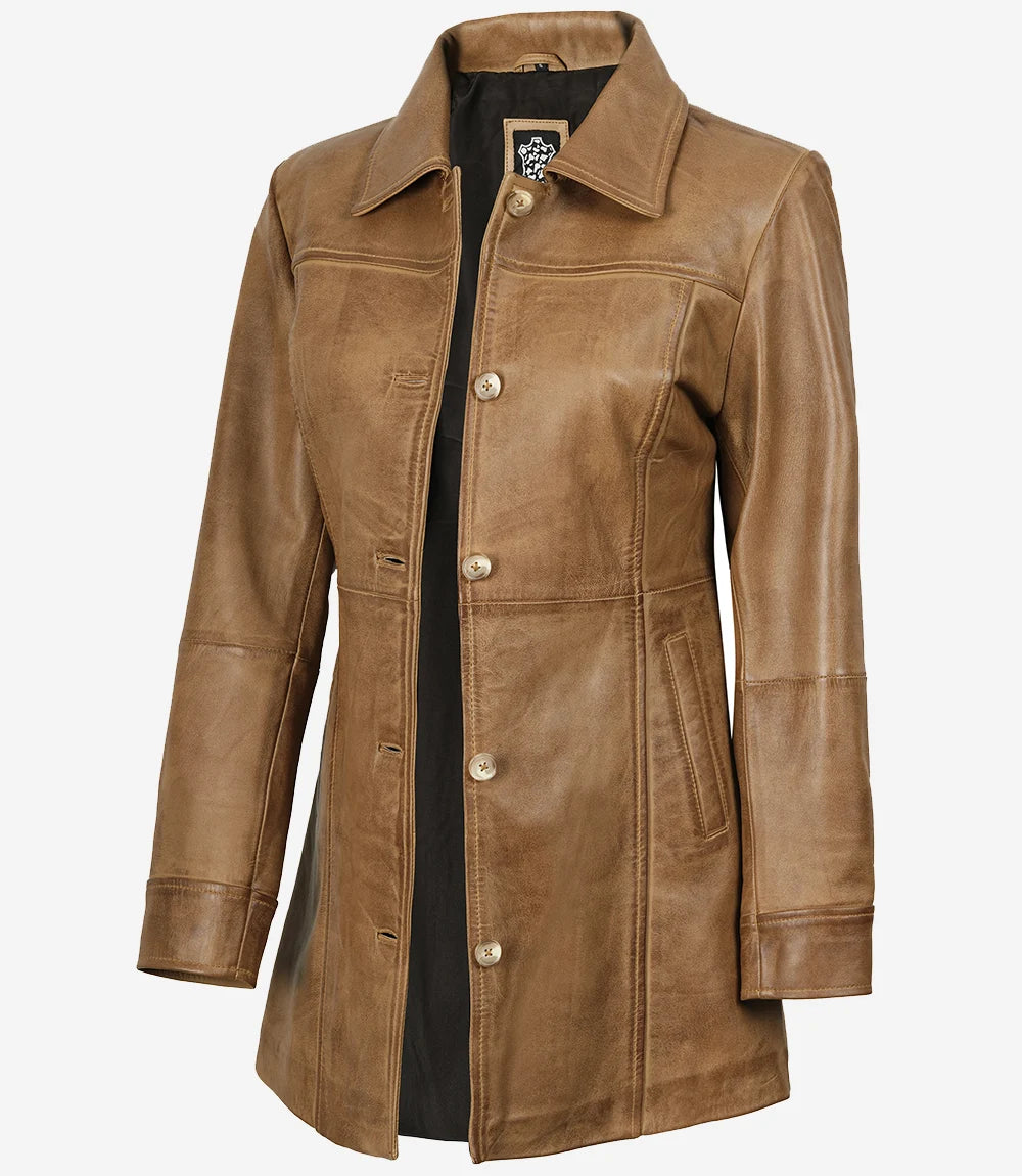 Manteau en cuir véritable marron camel pour femme