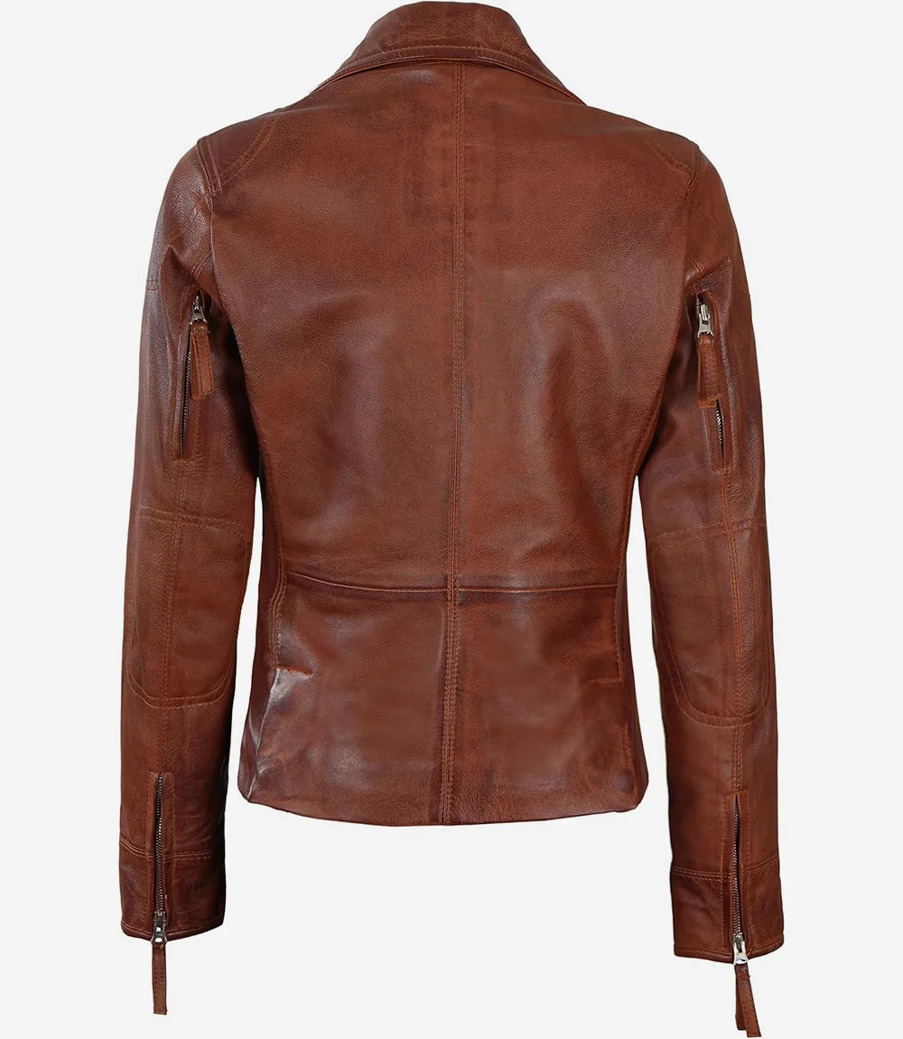 Cognac Asymmetrical Leather Biker Jacket Women