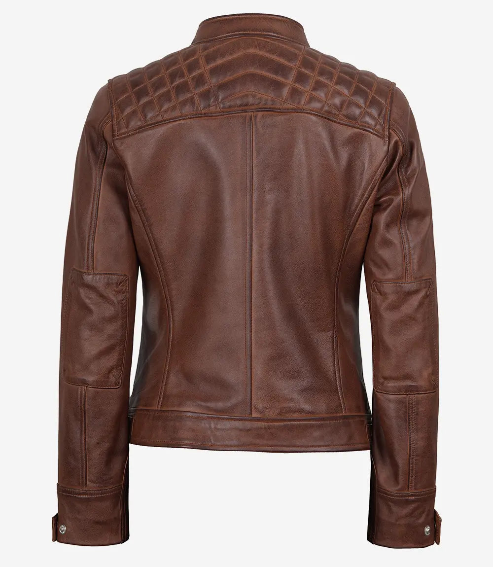 Womens Cognac Real Leather Motorcycle Jacket