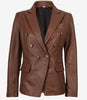 Double Breasted Cognac Leather Blazer Women