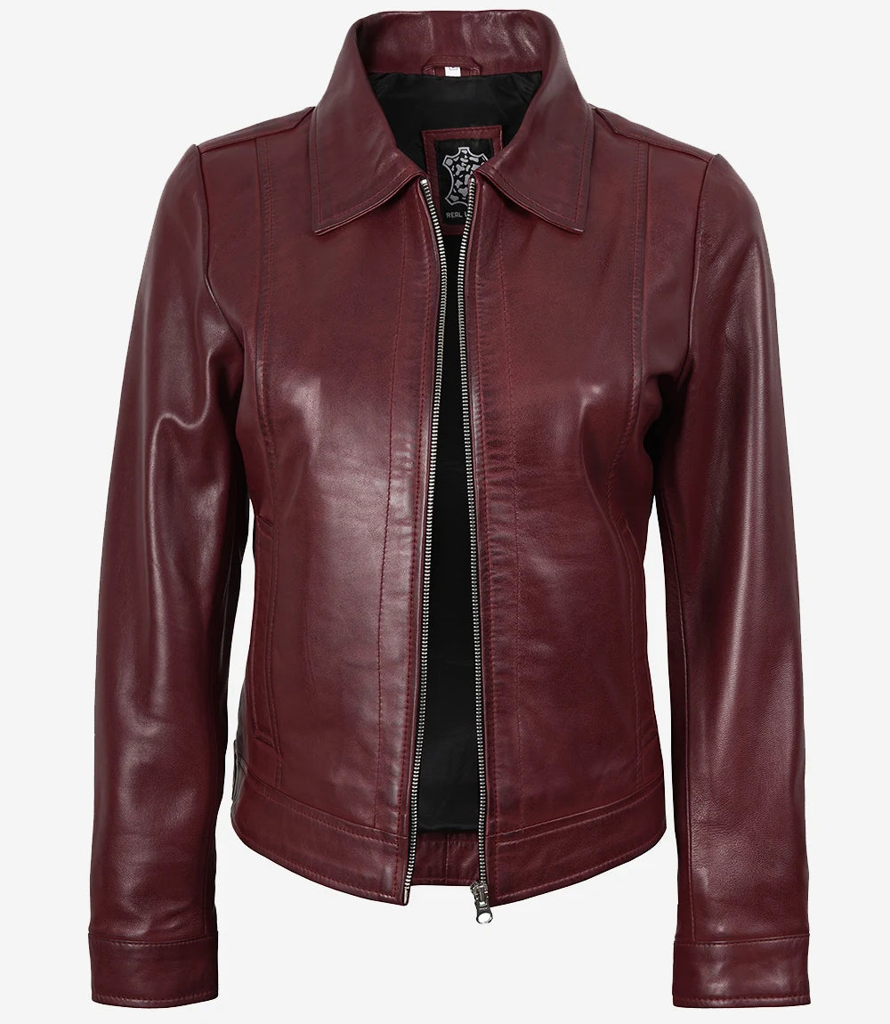 Veste en cuir marron à col chemise pour femme
