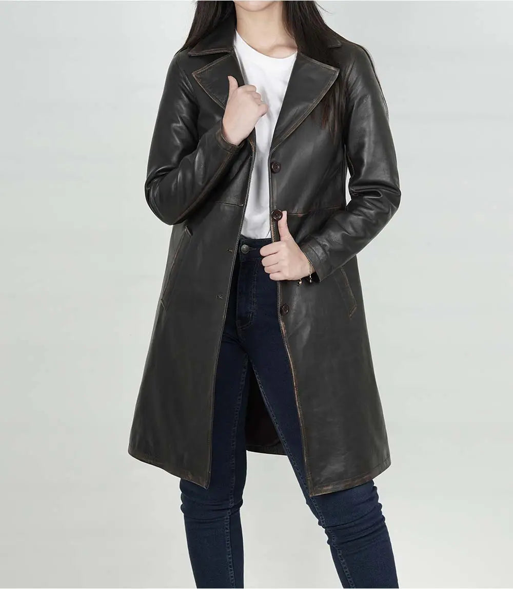 Womens Rub off Brown Long Leather Car Coat