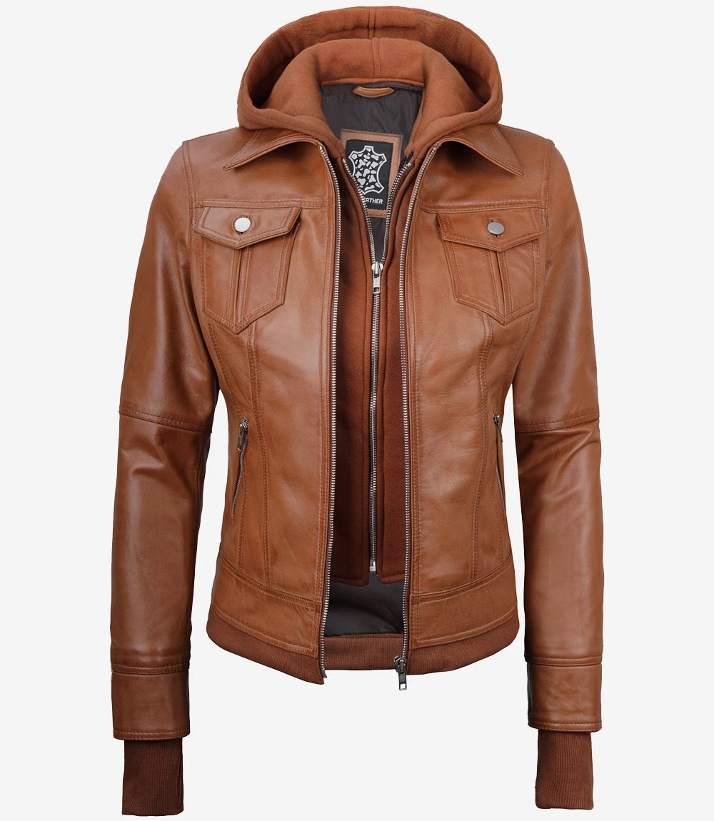 Brown Bomber Leather Jacket With Hood