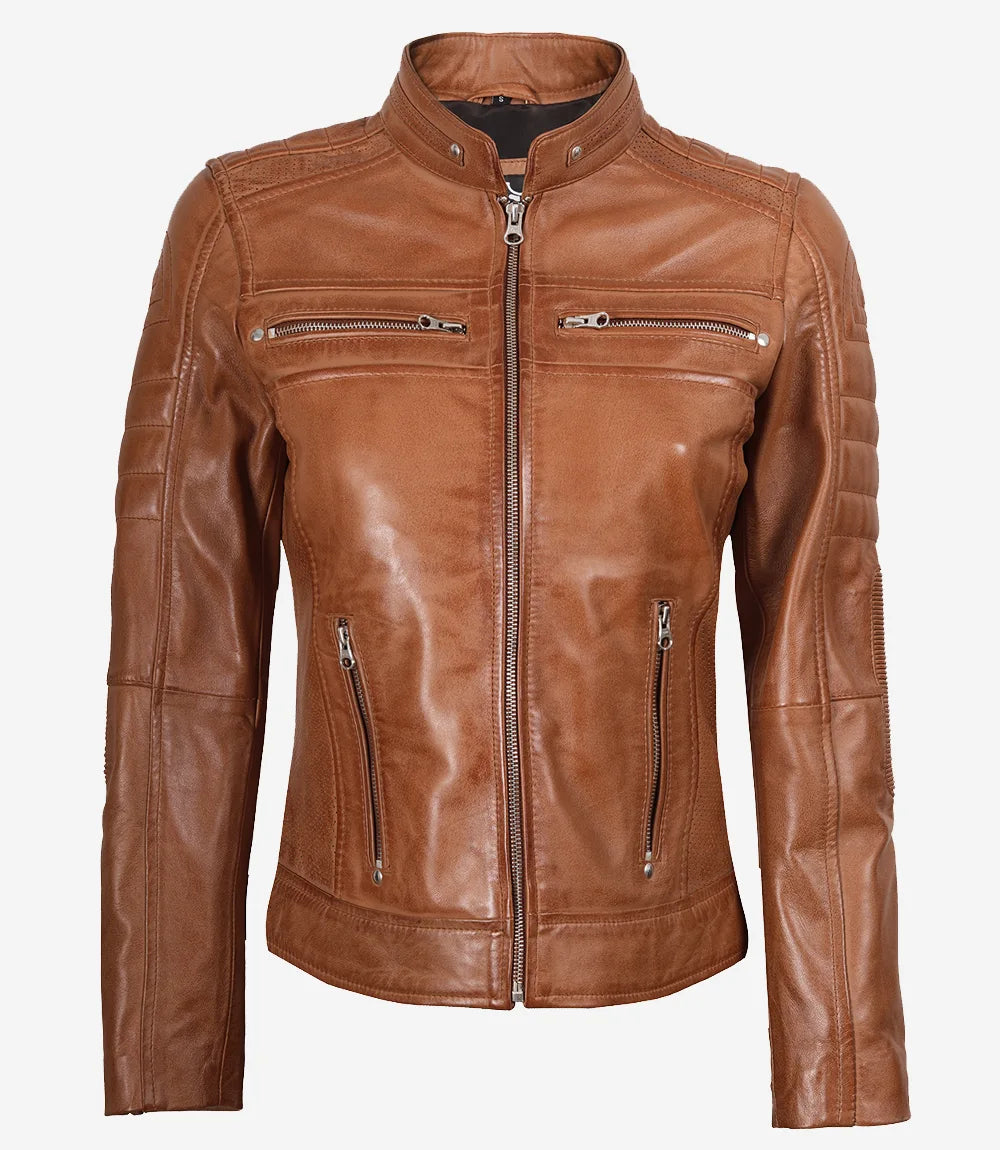 Veste en cuir style motard beige pour femme