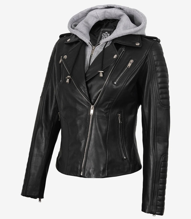 Veste en cuir noir style motard pour femme avec capuche
