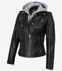 Women's Biker Style Black Leather Jacket with Hood
